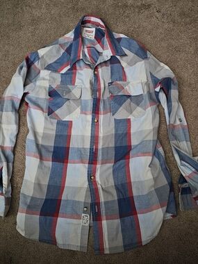 Levi's Men's Medium Blue Grey Red Plaid Button-Up Shirt